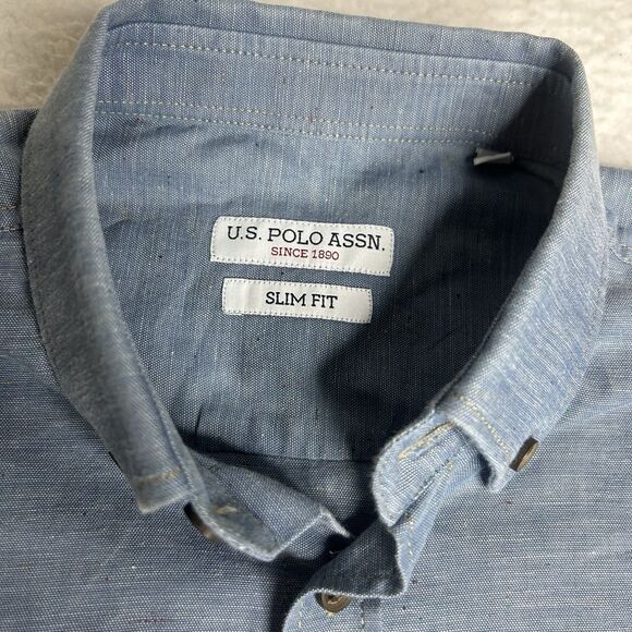 US Polo Assn Slim Fit S Button Up Elbow Patch Blue Long Sleeve Preppy - Picture 4 of 5
